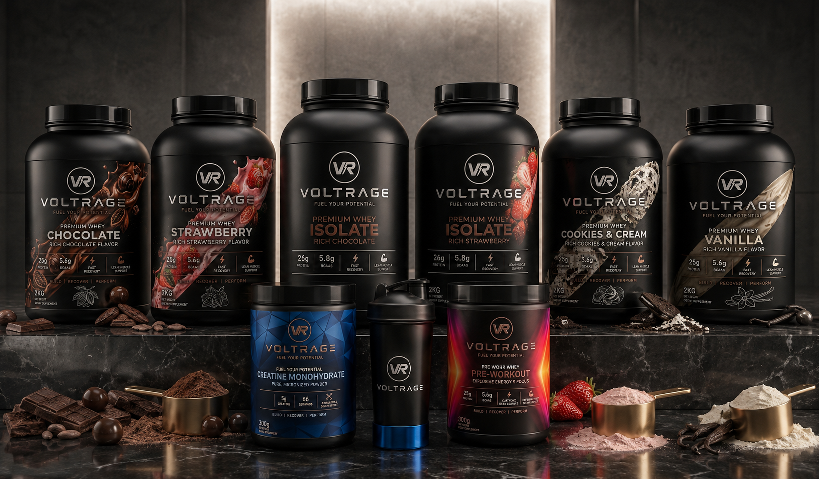 The full Voltrage product lineup: whey protein, isolate, pre-workout and creatine